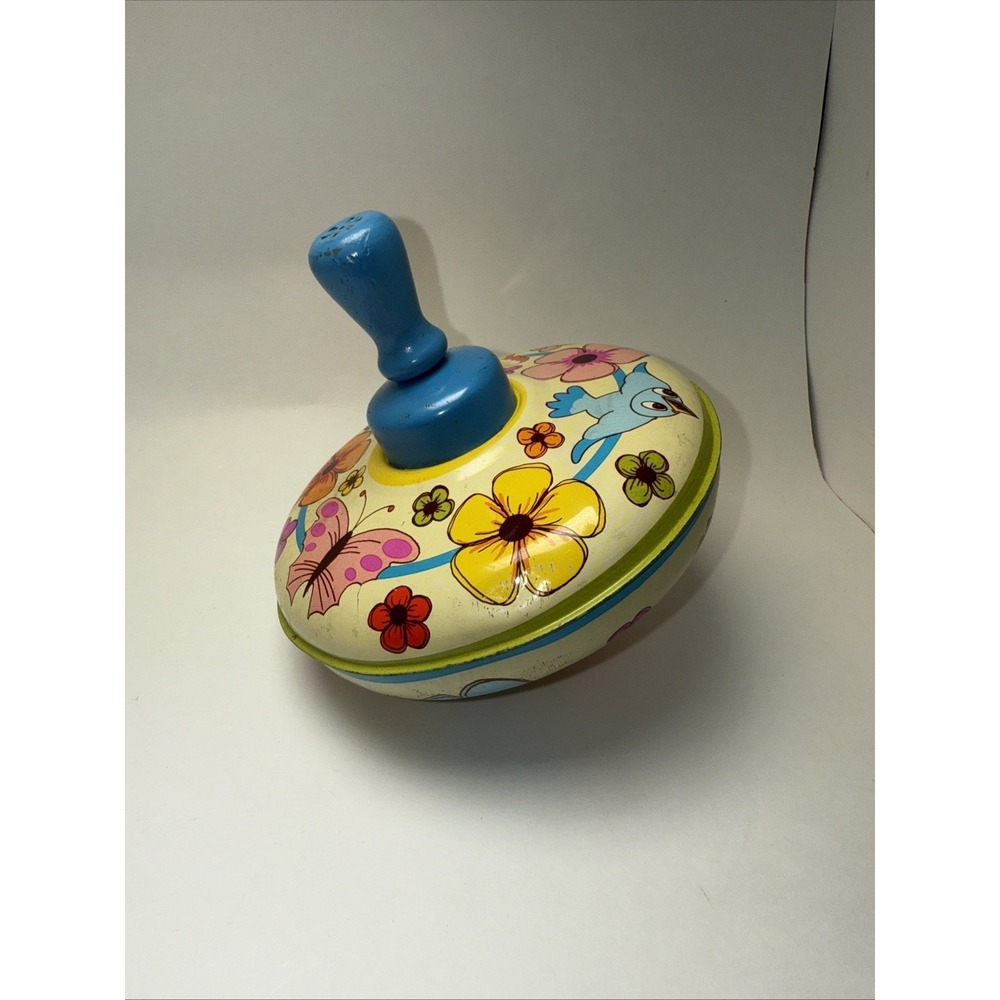 Vintage OHIO ART Tin Litho Toy Spinning Top Bluebird, Butterflies & Flowers
